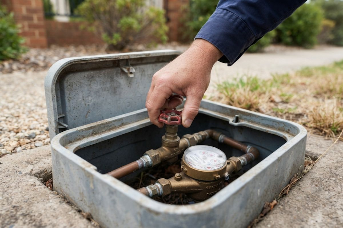 Hand turning off the water meter tap at a home's front boundary to stop a leak


