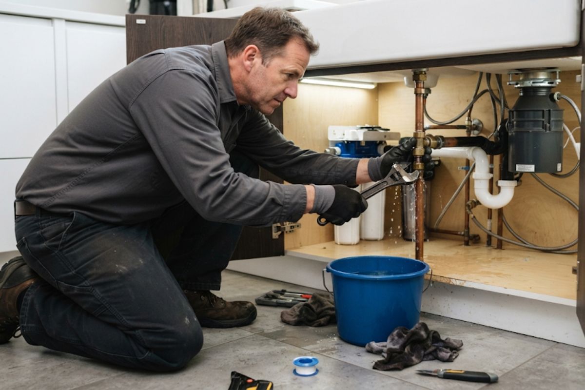 Plumber repairing a burst pipe under a kitchen sink with a bucket catching water

