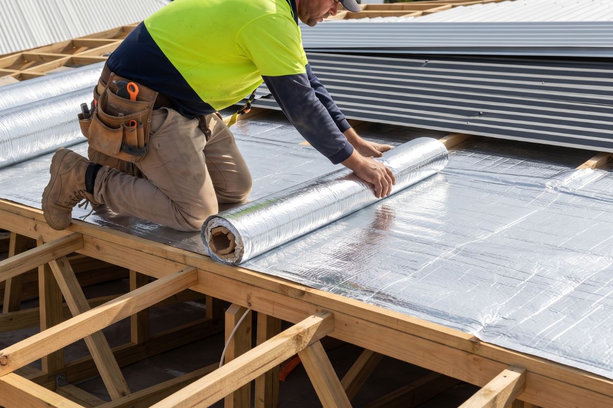 Colorbond Roofing: Benefits, Drawbacks, Costs and How to Choose 2 Roofer laying foil-faced insulation blanket over battens before fixing steel roof sheets