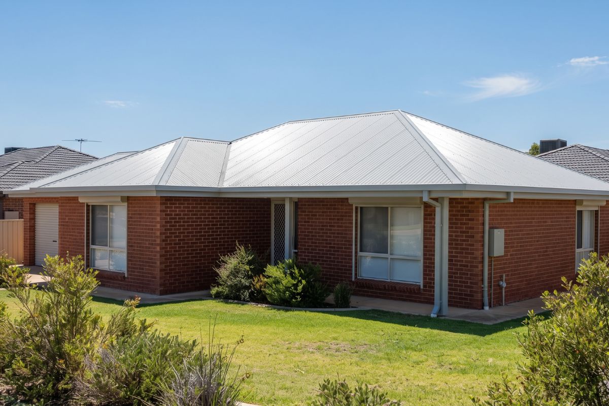 Colorbond Roofing: Benefits, Drawbacks, Costs and How to Choose 1 Single-storey brick home with a light grey corrugated steel roof and matching gutters