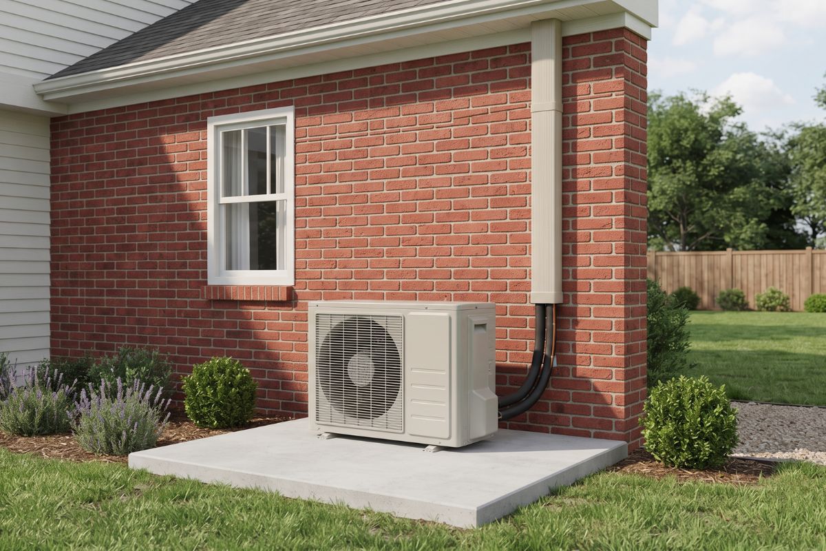 How to Prepare for Split System Installation: A Practical Checklist 2 Split system outdoor unit on a concrete pad with covered refrigerant pipes running up an exterior wall